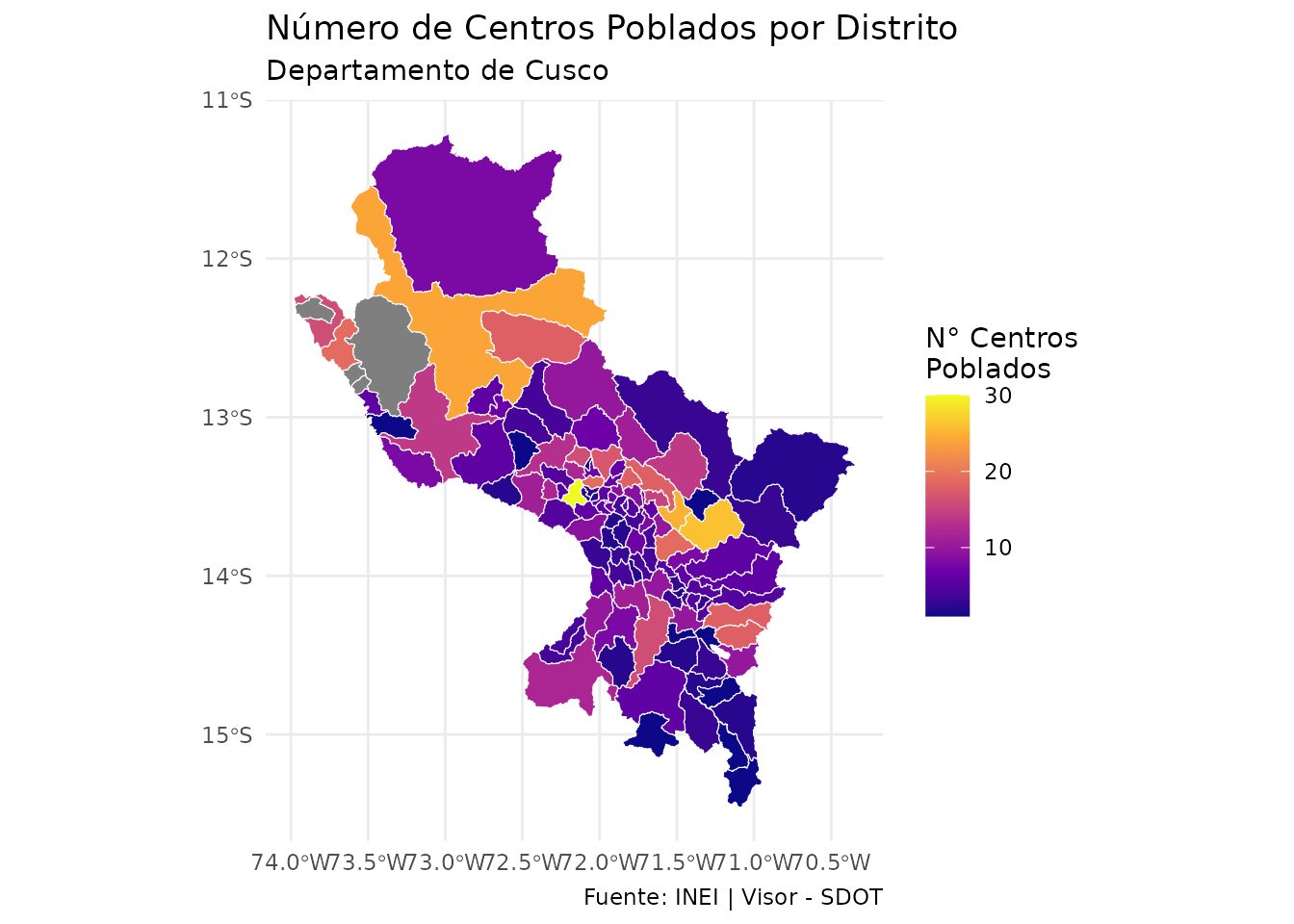 Número de centros poblados por distrito en Cusco