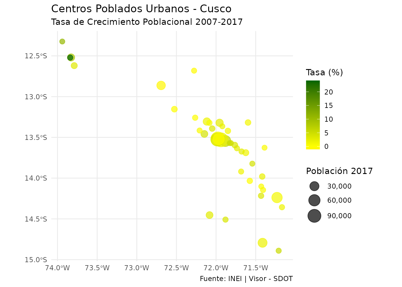 Centros poblados urbanos con gradiente de color según tasa de crecimiento